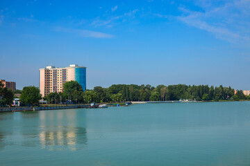 Fototapeta premium Ukrainian city water site park and living district area urban landmark at ordinary day time