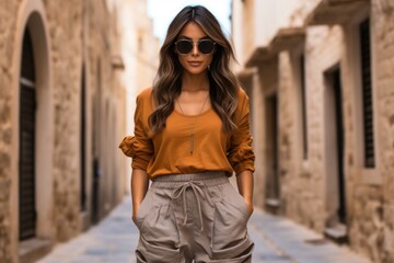 A woman standing in a narrow alley way. Generative AI image.