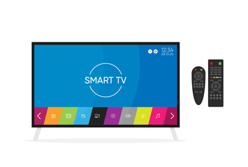 Vector smart tv concept - illustration in flat style with apps and video player on screen and remote control