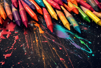 Obraz premium Vibrant Wax Crayons Scattered on a Mysterious Dark Canvas of Creativity - AI generated