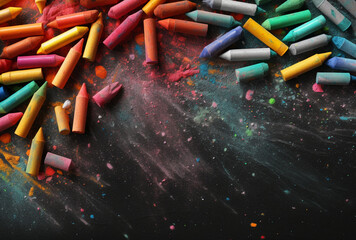 Vibrant Chalk Pastels Scattered on a Mysterious Dark Surface of Creativity - AI generated