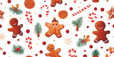 Christmas seamless pattern with cute winter elements, reindeer, candy, gingerbread and pine branch, white background