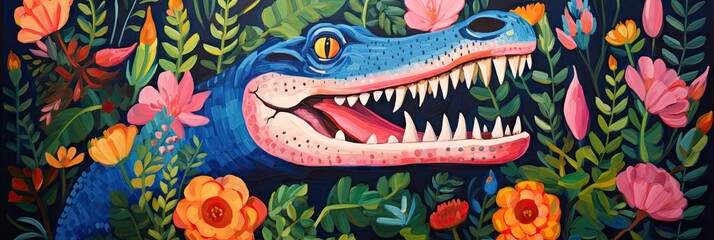 Heartfelt Depiction in Contemporary Folk Art - Crocodile with Flowers in the Embrace of the Sun, Painted in Light Maroon, Royal Blue, and Poppy Pink - Crocodile Created with Generative AI Technology
