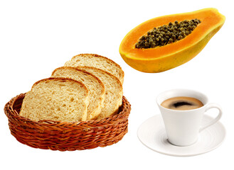 composição com xícara de café expresso acompanhado de cesta de pães e fatia de mamão papaia isolado em fundo transparente