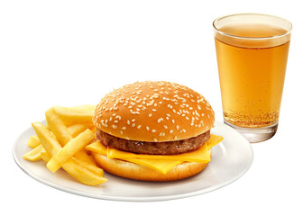 prato com hambúrguer com queijo acompanhado de batatas fritas crocantes e copo com refrigerante - cheeseburger com batata frita