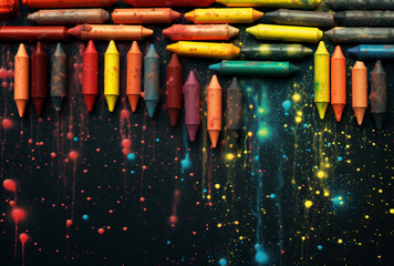 Obraz premium Vibrant Wax Crayons Scattered on a Mysterious Dark Canvas of Creativity - AI generated