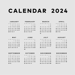 Simple calendar 2024, week start sunday template.

