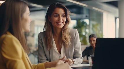 Shot of two businesswoman working together on digital tablet. Creative female executives meeting in an office using tablet pc and smiling