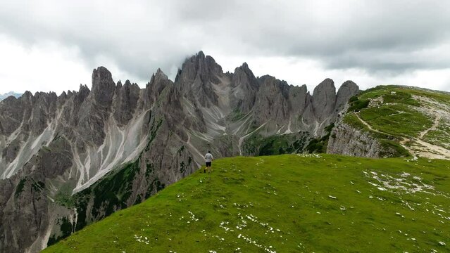 Aerial view Cadini di Misurina mountain group in Dolomites, Italy, part of Tre Cime di Levaredo national park and UNESCO world heritage site.