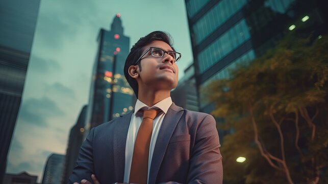 Confident rich eastern indian business man executive standing in modern big city looking and dreaming of future business success, thinking of new goals, business vision and leadership concept.