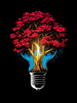 Light bulb with filament turning into tree in art symbolic style. AI Generated Images