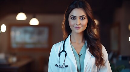 Medical concept of Indian beautiful female doctor in white coat with stethoscope, waist up. Medical student. Woman hospital worker looking at camera and smiling, studio, blue background