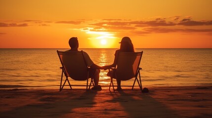 Fototapeta na wymiar Couple fiction sitting on the armchair looking at the sunset on the beach 