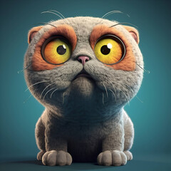 Funny cat with big eyes on a blue background. 3d rendering