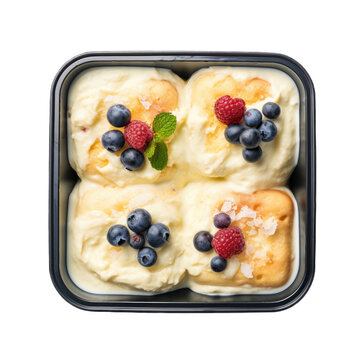 Cottage cheese puddings in a lunchbox top view isolated on transparent background. Generative AI