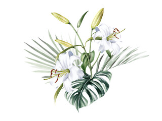 Tropical flowers and leaves bouquet watercolor illustration
