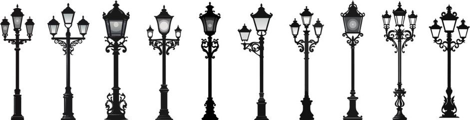 A beautiful set of lighting fixtures for outdoor urban lighting in flat style. Isolated vintage style with various shapes and types of street lamps.  illustration. - obrazy, fototapety, plakaty