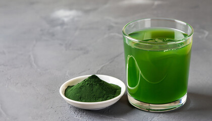 Chlorella healthy detox drink in glass and powder in bowl on a grey background. Close up. Space for design.