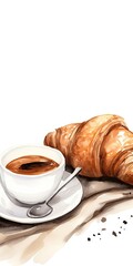 Pure Minimalism in Breakfast Art Background - Croissant and Coffee Paint Draw Illustration with Black Line on White - Croissant and Coffee Backdrop created with Generative AI Technology 