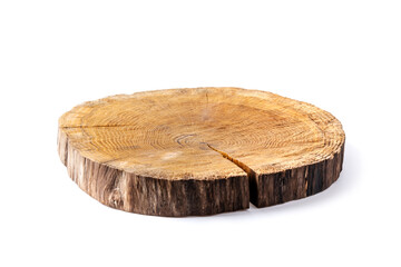 Wooden plate carved from tree trunk isolated on white background. Can be used like stand for your object