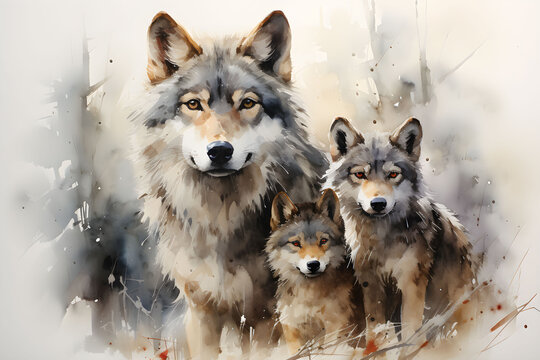 wolf family wolf cub forest watercolor painting nature