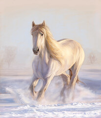 A white horse races towards me across the snowy field on a sunny winter day, its mane trembling in the breeze.