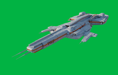 Medium Patrol Space Ship with White and Orange Colour Scheme on a Green Screen Background - Front View, 3d digitally rendered science fiction illustration