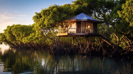 Obraz premium a tree house on stilts in the middle of a river. generative ai
