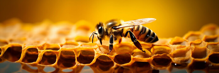 close up of honey bee on a honeycomb - obrazy, fototapety, plakaty