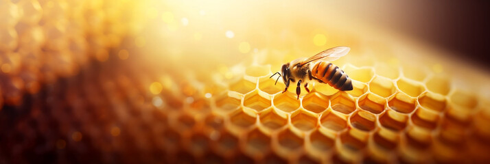 close up of honey bee on a honeycomb