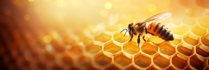 close up of honey bee on a honeycomb