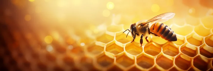 Fototapeten close up of honey bee on a honeycomb © adam