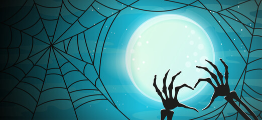 Happy Halloween banner background. Full moon on a background of dark sky, skeleton of hand bones showing heart symbol in moonlight