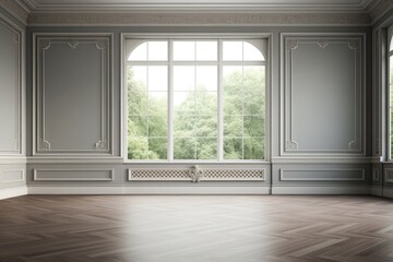  a classical empty room with wooden floors, gray walls, white moulding, and a window overlooking nature.
