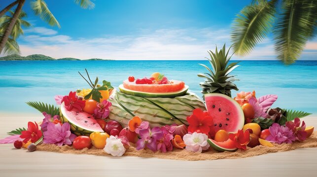  a painting of watermelon, pineapples, and other fruits on a beach.  generative ai