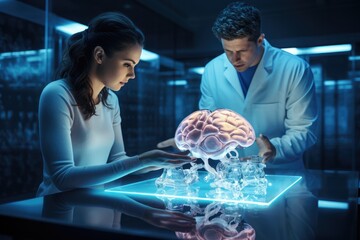 Two hard working neuroscientists working with computer-powered VFX Hologram of  human brain - obrazy, fototapety, plakaty