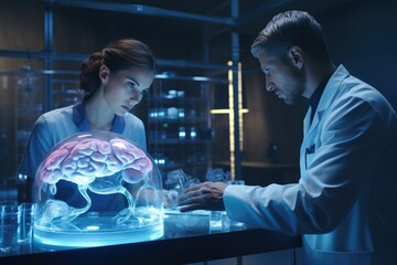 Two hard working neuroscientists working with computer-powered VFX Hologram of  human brain - obrazy, fototapety, plakaty