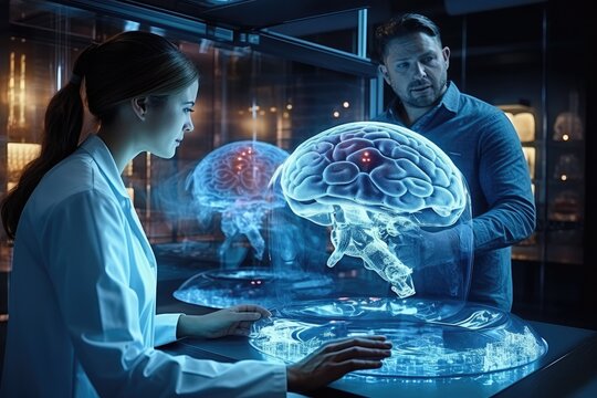 Two hard working neuroscientists working with computer-powered VFX Hologram of  human brain