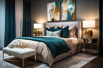 Contemporary bedroom with golden accents features king size bed adorned with blue, beige, and emerald green bedding.