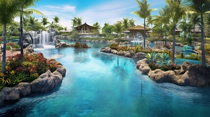  a tropical resort with a waterfall and a waterfall pool surrounded by palm trees.  generative ai