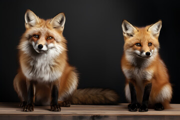 two red foxes, isolated on black background