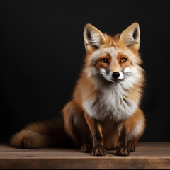 red fox, sitting on wooden table, against dark background, close up