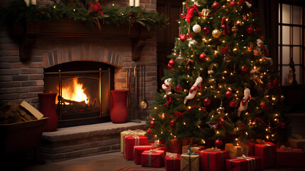 Fototapeta na wymiar christmas tree with fireplace in the room. new year interior