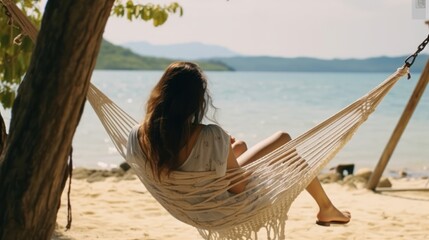 back view of woman fictional relaxing on hammock at the beach 