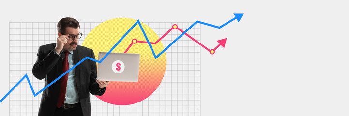 Dissatisfied businessman attentively looking on analytical graphs in laptop. Contemporary art collage. Concept of business, office, technology, gadget, innovation, internet, success, ad. Banner