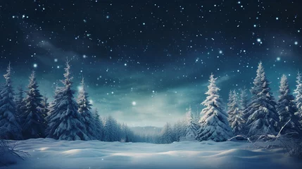 Fototapete Grün blau winter night landscape. snowy forest and fir branches.