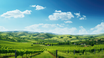 Fototapeta na wymiar Landscape of vineyard in green hills and blue sky with clouds. created by generative AI technology.
