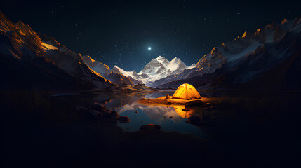 night landscape with mountains, moon, stars and stars.