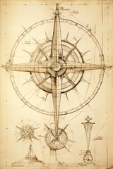 Fototapeta na wymiar Nautcal compass sketch drawing. Exploration and sailing concept. Poster design. Ai generative
