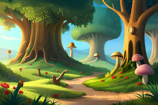 Craft a stunning digital masterpiece that brings to life a fantasy forest landscape, where magic trees and enchanting mushrooms thrive in harmony